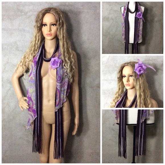 🌸 5PC SCARF NECKACE EARRINGS FLOWER FEATHER SET SPIKE BUNDLE GYPSY BEAD BOHO - Picture 4 of 8